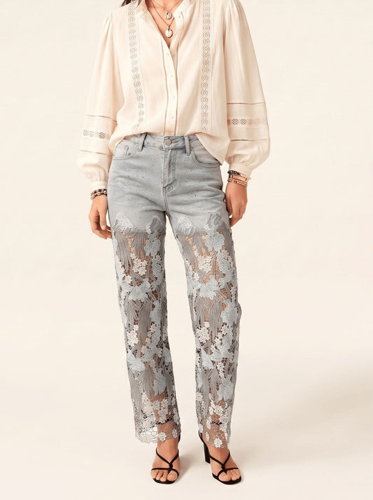 SM_8825-DGLY - Lace Rhinestone Stretch Denim Jeans
