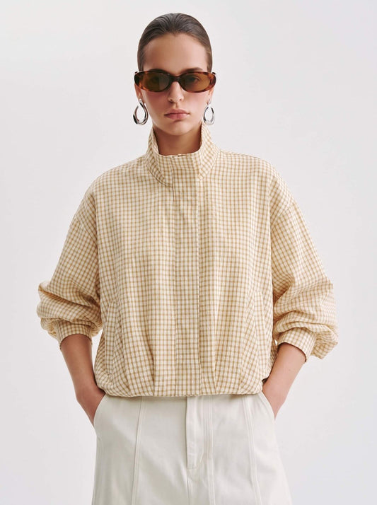 SM_XX12607-YJG - Gingham funnel neck spring jacket