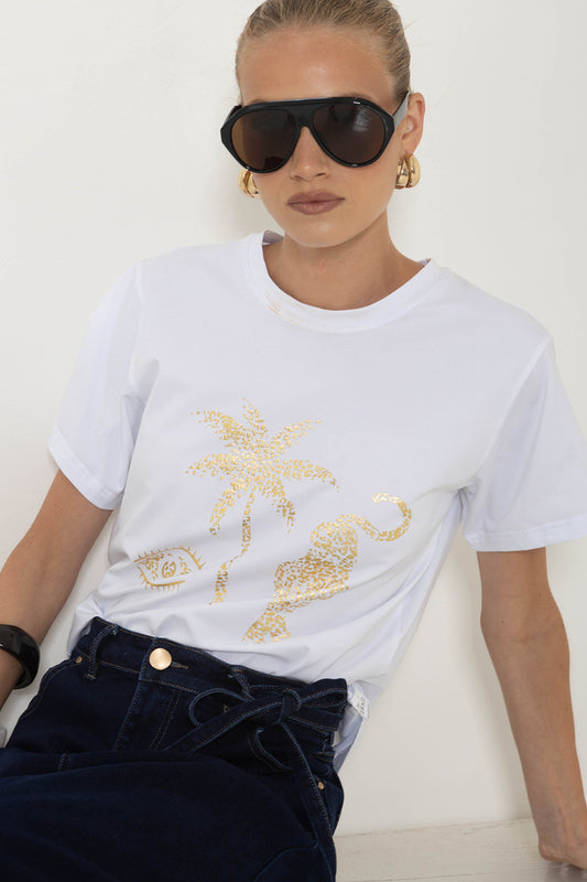 LPE350/O CREAM & WHITE Metallic graphic Tee with gold " Eye, Palm, Tiger"