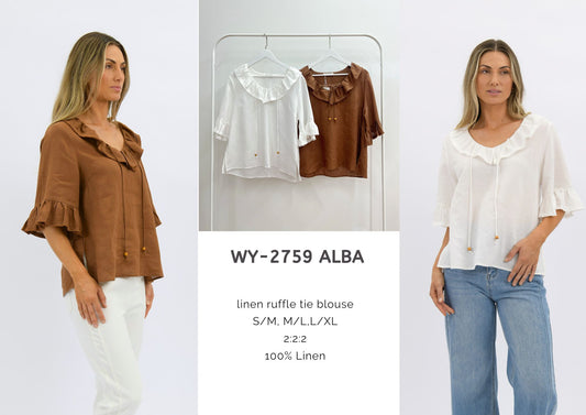 WY-2759/O - Alba linen ruffle tie blouse