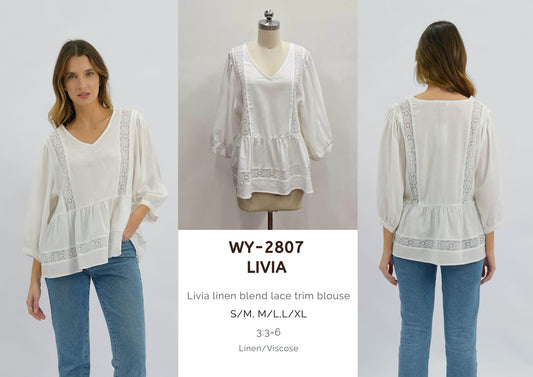 WY-2807/O Livia linen blend lace trim blouse