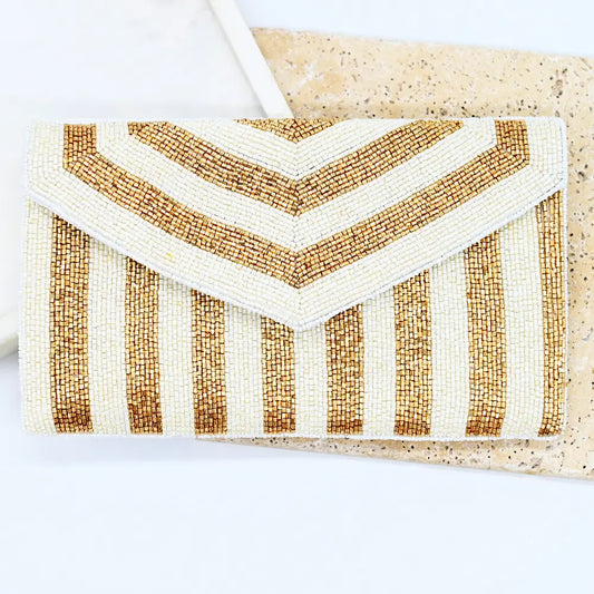 White and Gold Beaded Clutch - BEZ-CL