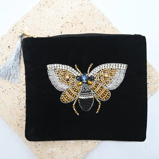 Black velvet Beaded pouch with Bee (BGE-PO)