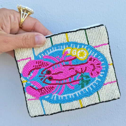 Pink Lobster Dinner Beaded Pouch BIZ-PO