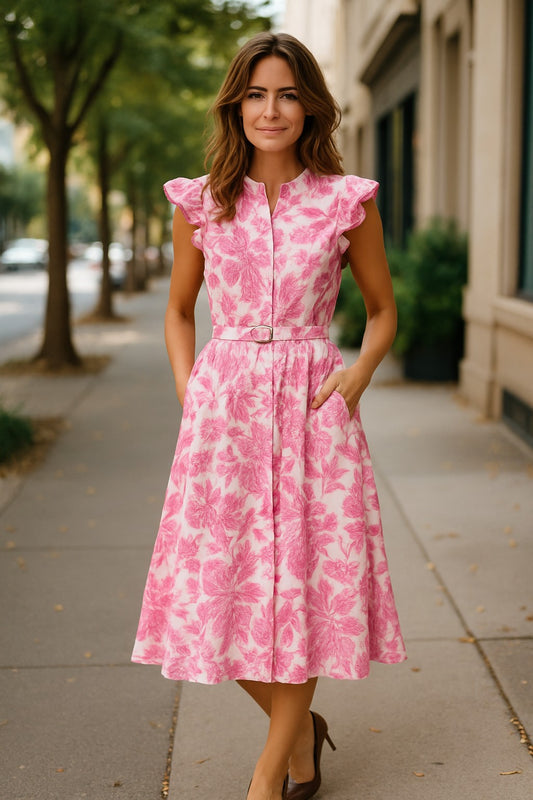 XW20707-10J - FLORAL BELTED MIDI DRESS