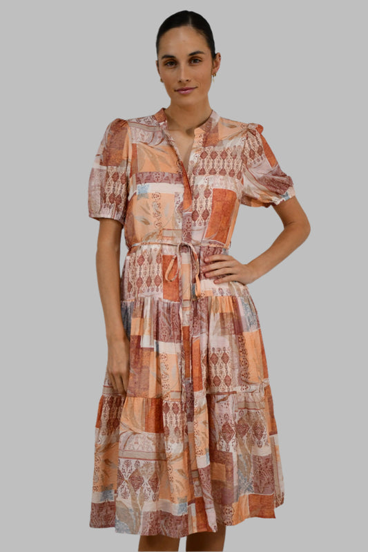 LX2504-1J - Patchwork Print Puff Sleeve Dress