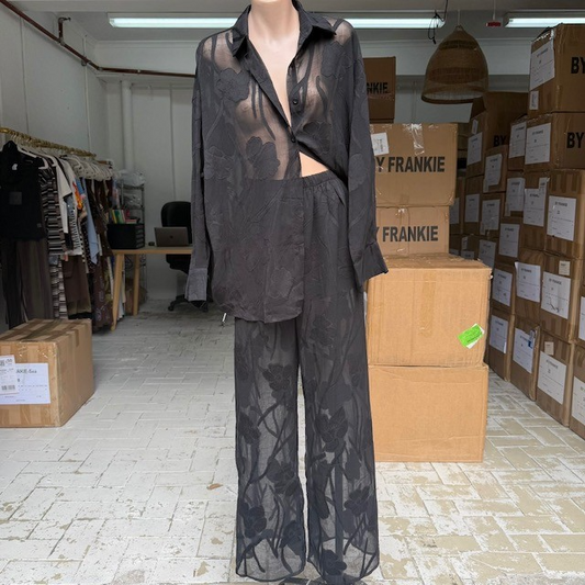 943-1- Black Leaf Sheer Shirt Set