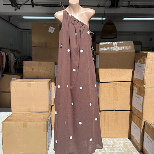 581-1 Chocolate Polka Dot One Shoulder Dress (6) PRE ORDER