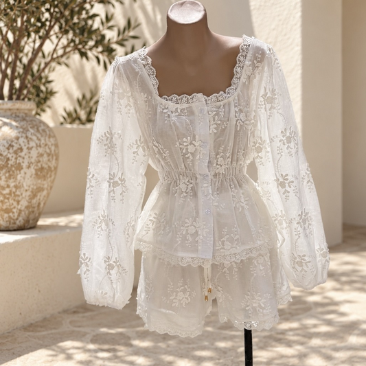 Z805-1 White Lace Applique Blouse Set