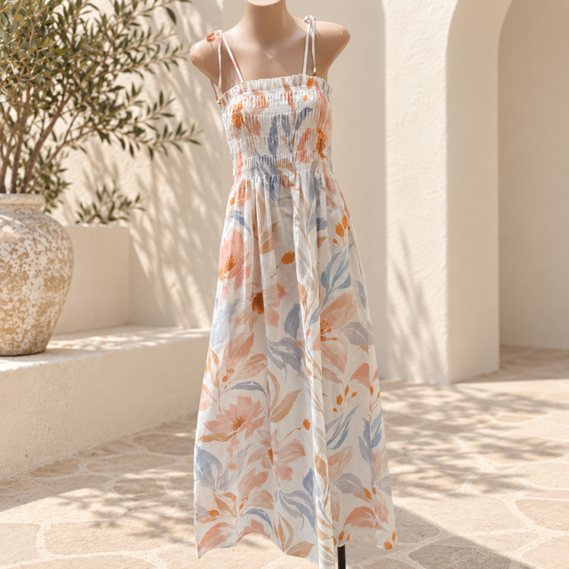 Z102-1 White/Pink Floral Shirred Maxi Dress