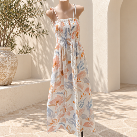 Z102-1 White/Pink Floral Shirred Maxi Dress