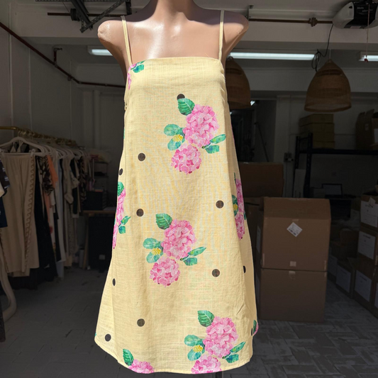 1058-89 Yellow Polka Hydrangea Mini Dress