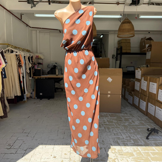 544-1 Chocolate/Blue Polka Dot Off Shoulder Maxi