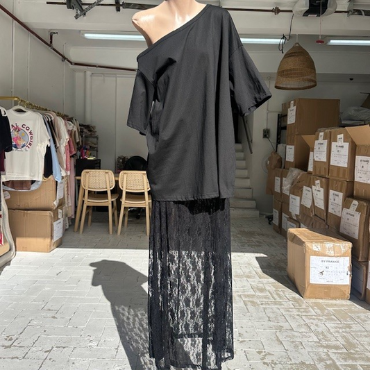 675-1 black off shoulder tee with lace skirt