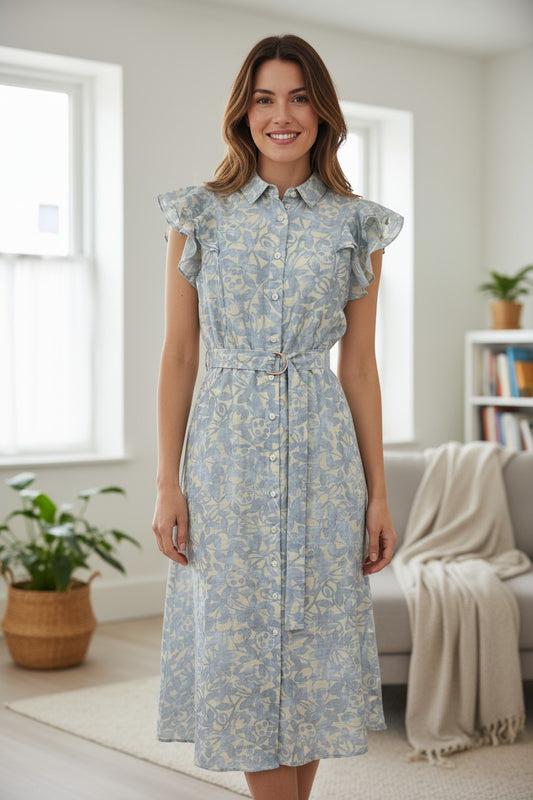 XW20707-13J - Floral Belted Midi with Ruffle Sleeves