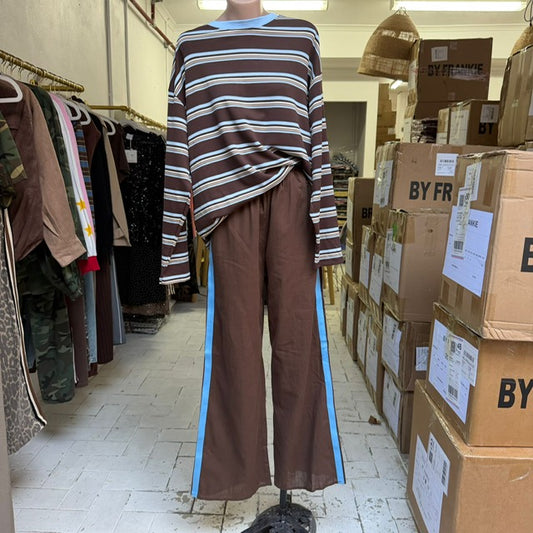 981-1 Choc/Blue Stripe Jersey with Long Pants Set
