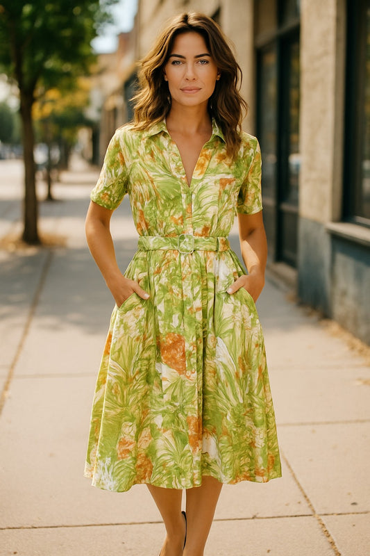 XW20781J - Tropical Belted Shirt Dress - GREEN