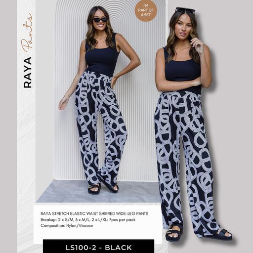 LS100-2/O RAYA STRETCH ELASTIC WAIST SHIRRED WIDE-LEG PANTS