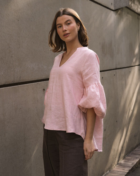 TFL7924-T/O LINEN V NECK TOP