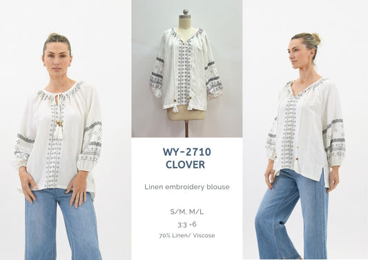 WY-2710 - Clover linen embroidery blouse