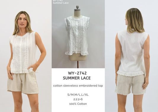 WY-2742 - Summer lace cotton sleeveless embroidered top