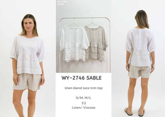 WY-2746 - SABLE LINEN BLEND LACE TRIM TOP