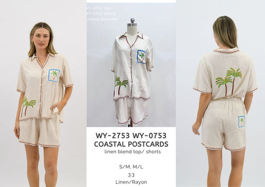 WY-2753 - Coastal postcard linen blend top