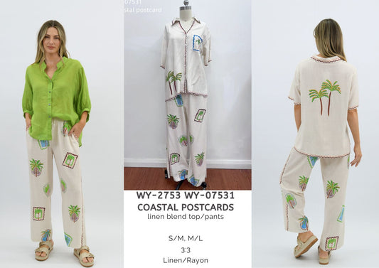 WY-07531 - Coastal postcard linen blend pants